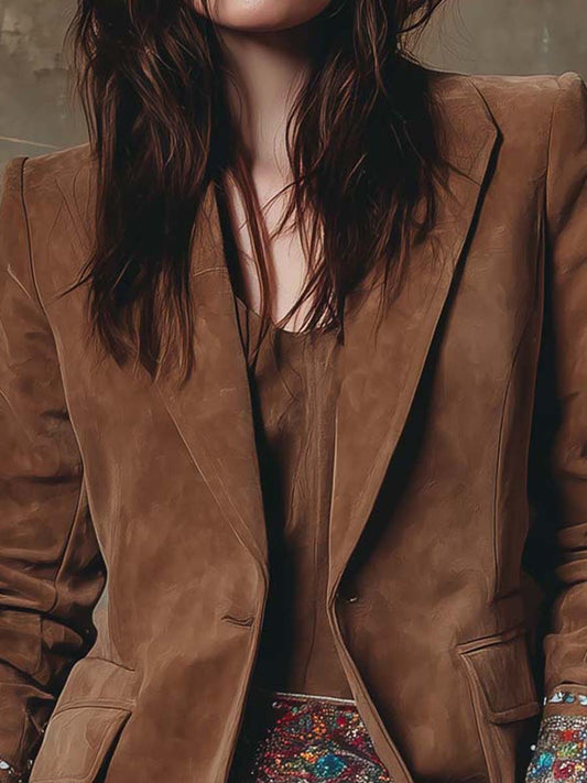 Embroidered Cuff Suede Blazer