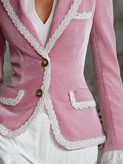 Elegant Pink Corduroy Lace Trim Single-breasted Blazer