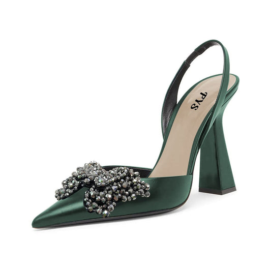 Dark Green Pointed Toe Rhinestone Butterfly Slingback Pumps Heels