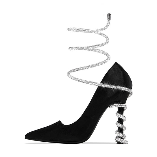 Elegant Black Satin Pointed Toe Rhinestone Spiral Strappy Pumps Heels