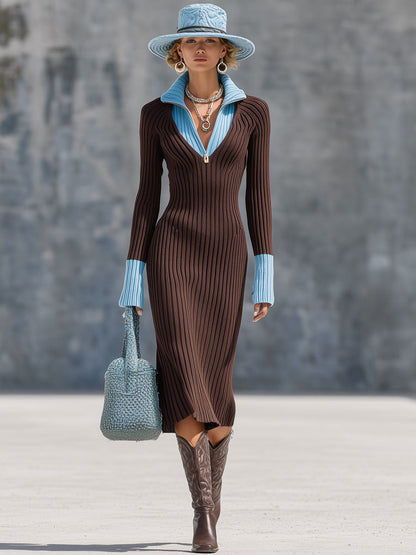 Fashion Retro Fake Two-Piece Blue Lapel Cocoa Brown Knitted Midi Dress