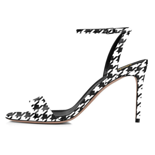 Fashion Houndstooth Buckle Strap Open Toe Stiletto Heeled Sandals