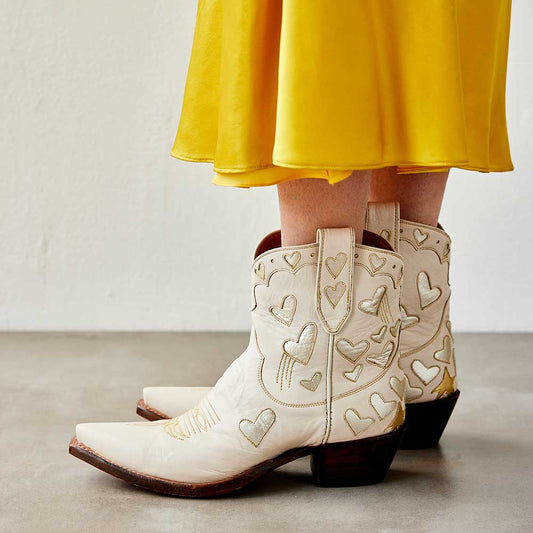 Beige Snip Toe Heart Inlay Ankle Length Cowgirl Boots with Chunky Heel
