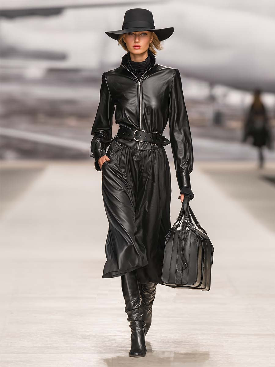Fashionable Cool Lapel Black Faux Leather Front Zipper Long Sleeve Maxi Dress