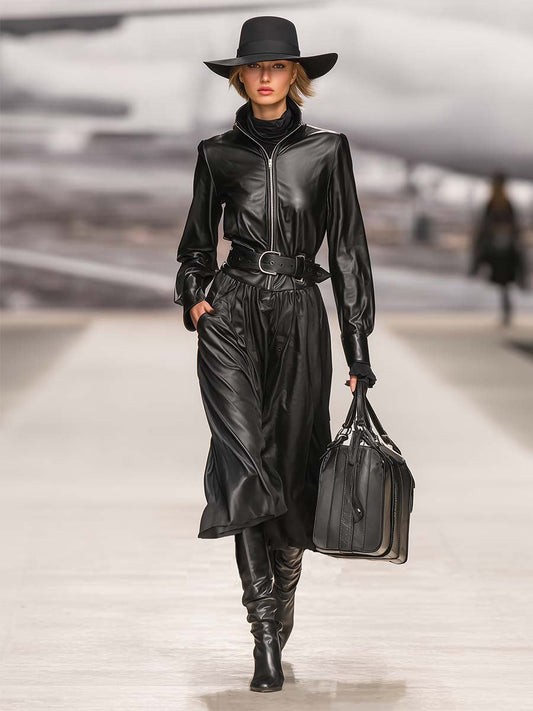 Fashionable Cool Lapel Black Faux Leather Front Zipper Long Sleeve Maxi Dress