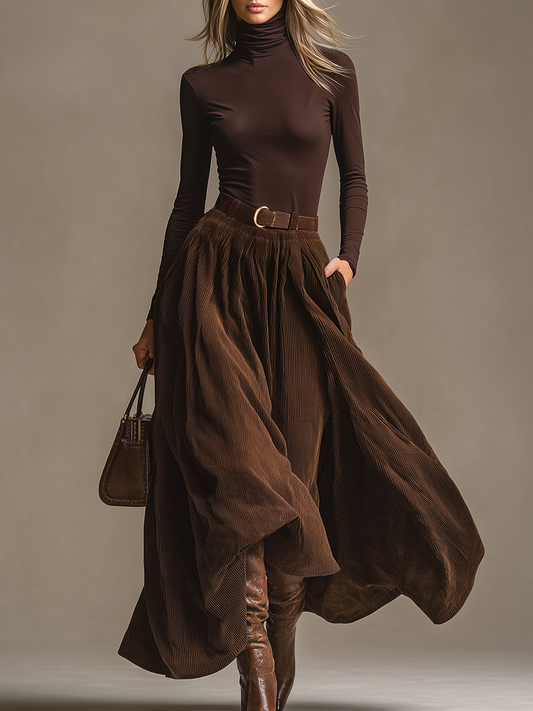 Elegant Vintage Turtleneck T-shirt And Corduroy Skirt Set