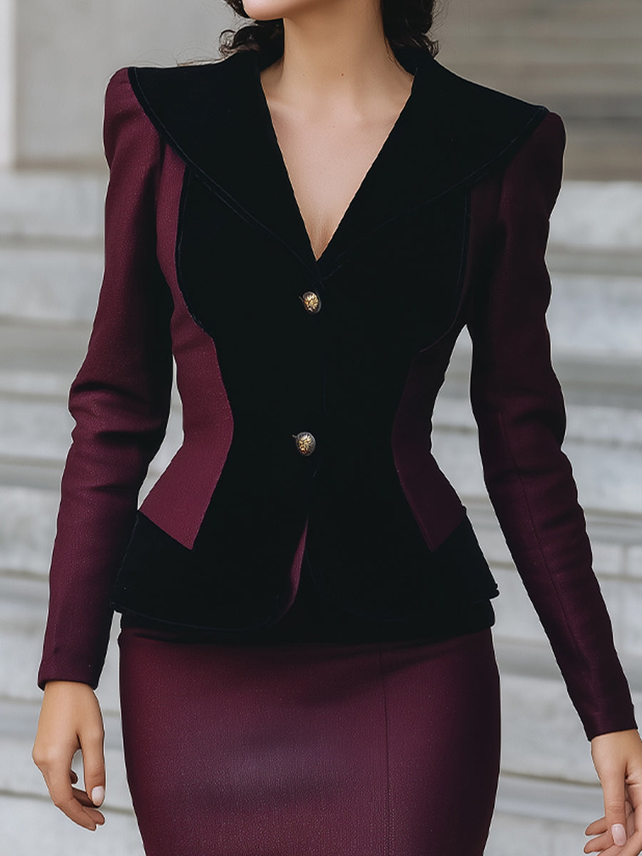 Elegant Contrast Blazer & Pencil Skirt Set