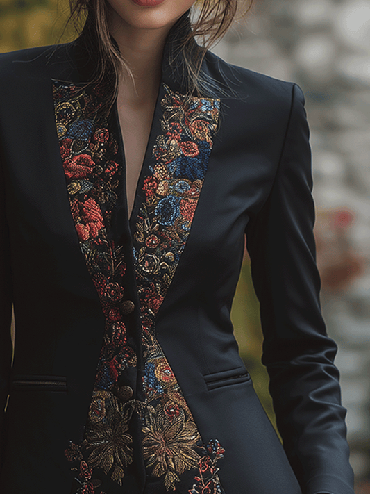 Elegant Lapel Black Floral Embroidered Blazer