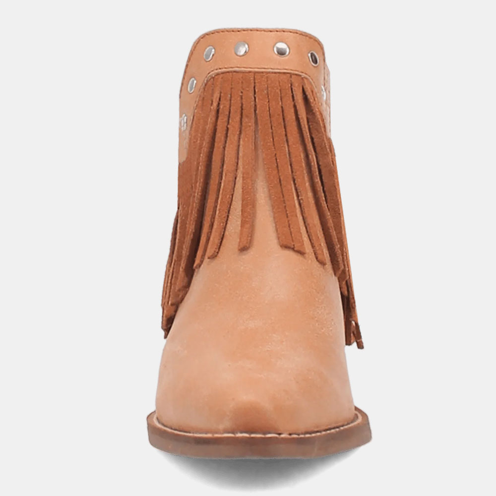 Fashion Brown Snip Toe Studded V-Cut Chunky Heel Fringe Booties