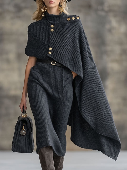 Fashion Retro Dark Gray Knitted Cape Fake Two-Piece Midi Dress