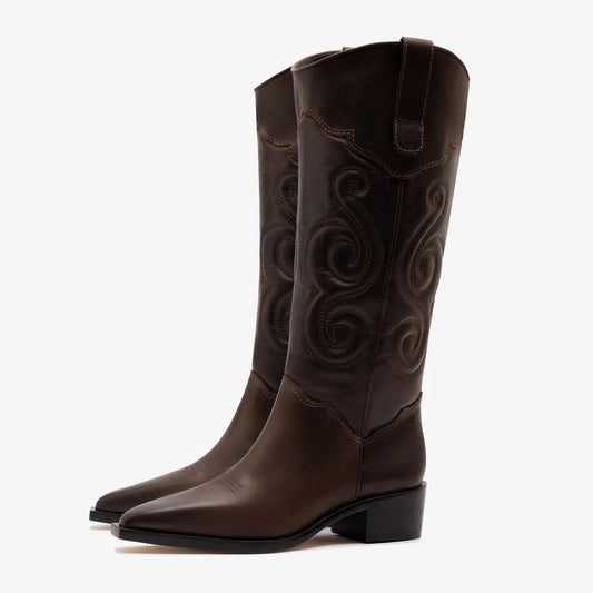 Dark Brown Chunky Heel Women's Western Boots with Embroidery