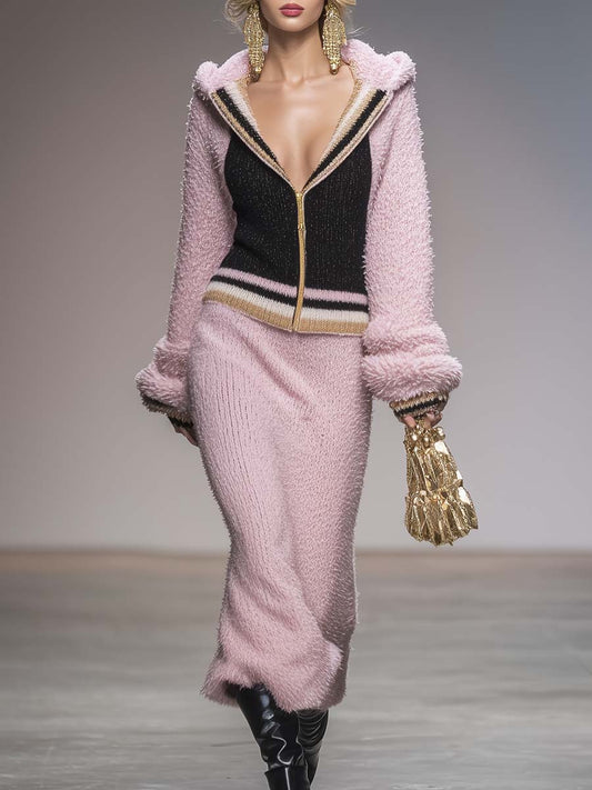 Elegant Retro Sporty Contrast Color Knitted Hooded Front Zip Top And Skirt Set