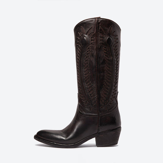 Dark Brown Embroidered Almond Toe Chunky Heel Cowgirl Boots for Women