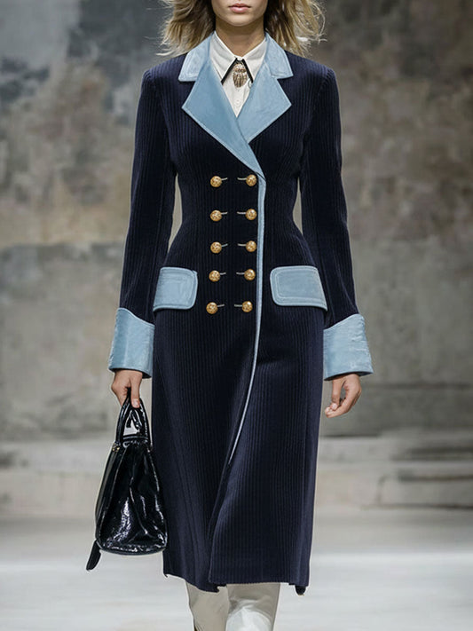 Fashion Retro Blue Velvet Stitching Navy Blue Corduroy Long Coat