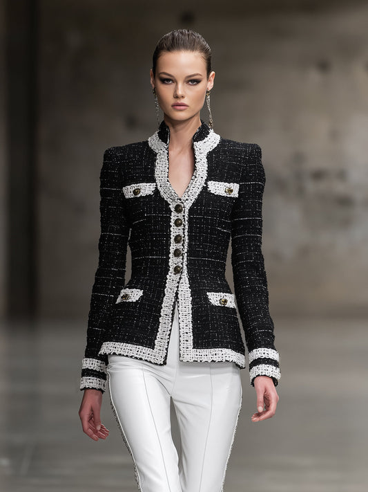Fashionable Black Tweed Patchwork Ribbon Jacket