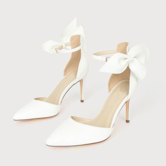 Elegant White Pointed Toe Bow Decorated Ankle Strap Pumps Heels