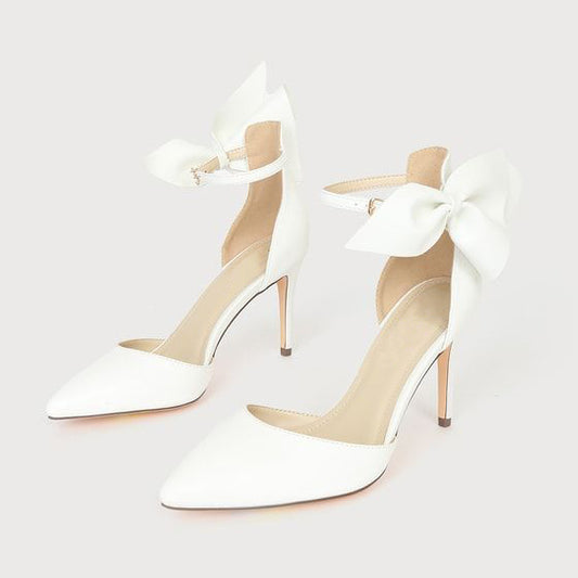 Elegant White Pointed Toe Bow Decorated Ankle Strap Pumps Heels