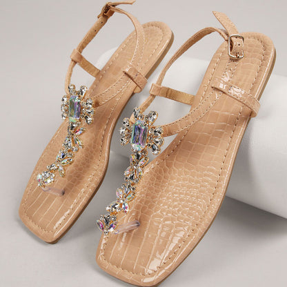 Beige Patent Leather Open Toe Flat T-Strap Sandals