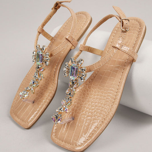Beige Patent Leather Open Toe Flat T-Strap Sandals