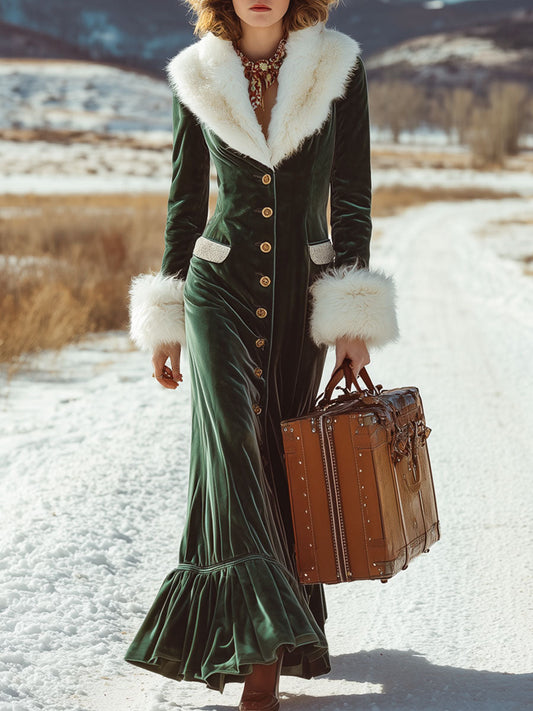 Fashion Retro Dark Green Velvet Faux Fur Collar Ruffled Maxi Dress