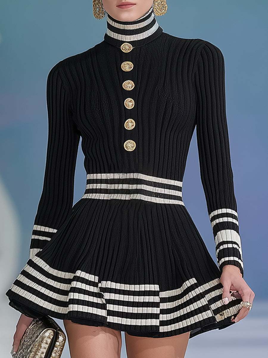 Exquisite And Elegant Gold Buttons Black High-neck Knitted Mini Dress