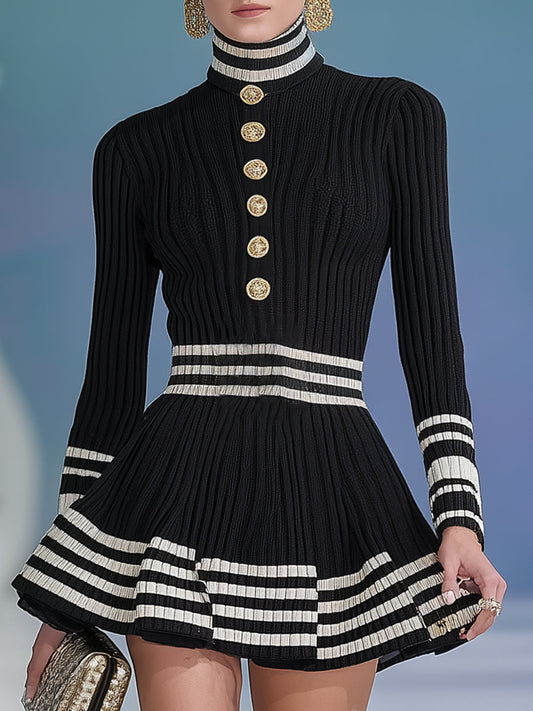 Exquisite And Elegant Gold Buttons Black High-neck Knitted Mini Dress
