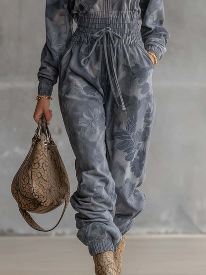 Exquisite Casual Sportswear High-neck Light Blue And Gray Floral Print Loose Jumpsuit