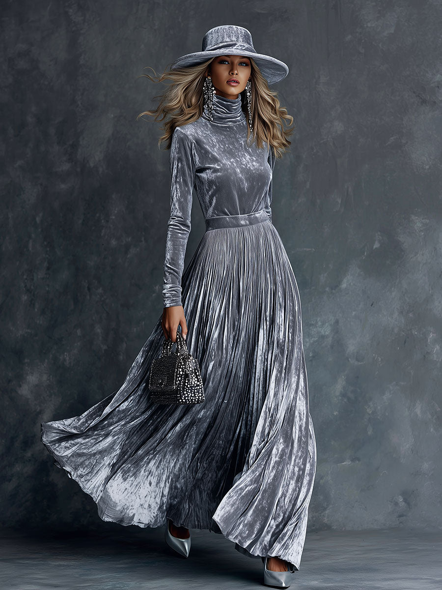 Fashionable High-neck Pleated Skirt Silver-gray Velvet Maxi Dress