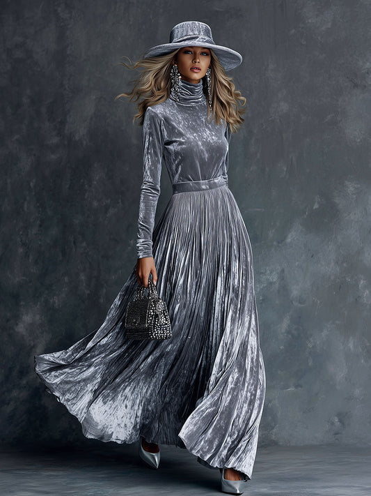 Fashionable High-neck Pleated Skirt Silver-gray Velvet Maxi Dress