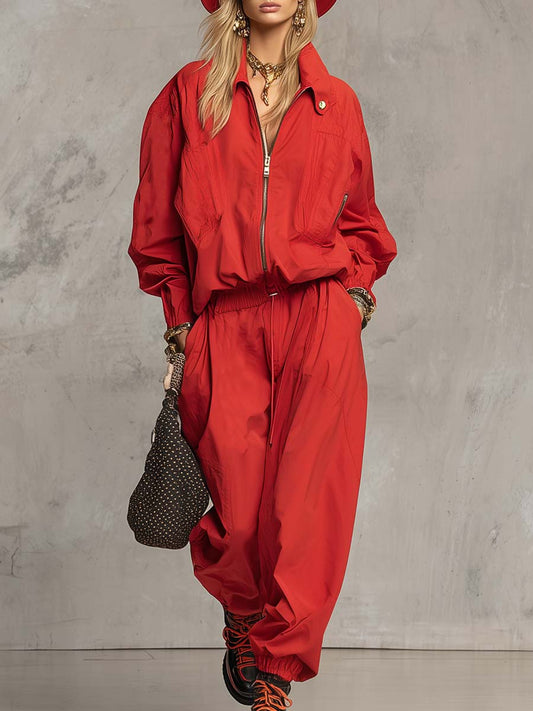 Exquisite Casual Sporty Front Zipper Waist Drawstring Red Nylon Jumpsuit
