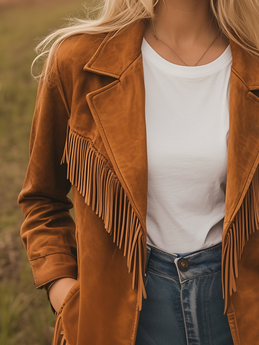 Fashionable Retro Western Caramel Faux Suede Tassel Lapel Blazer