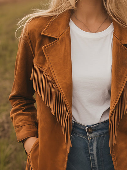 Fashionable Retro Western Caramel Faux Suede Tassel Lapel Blazer