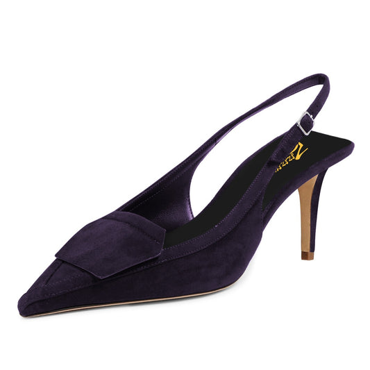 Dark Purple Vegan Suede Slip-On Slingback Heels with Pointed Toe