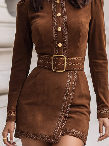 Faux Suede Embroidered Belted Mini Dress
