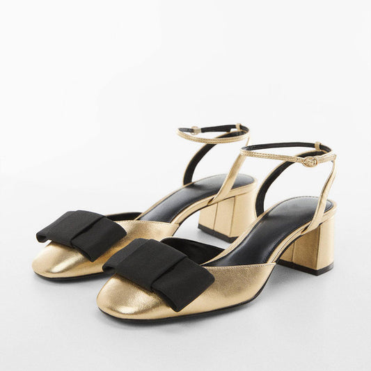 Gold & Black Vegan Leather  Round Toe Ankle Strappy Bow Sandals With Chunky Heels