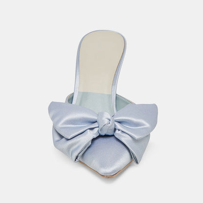 Elegant Satin Pointed Toe Stiletto Heel Bow Mules Shoes in Light Blue