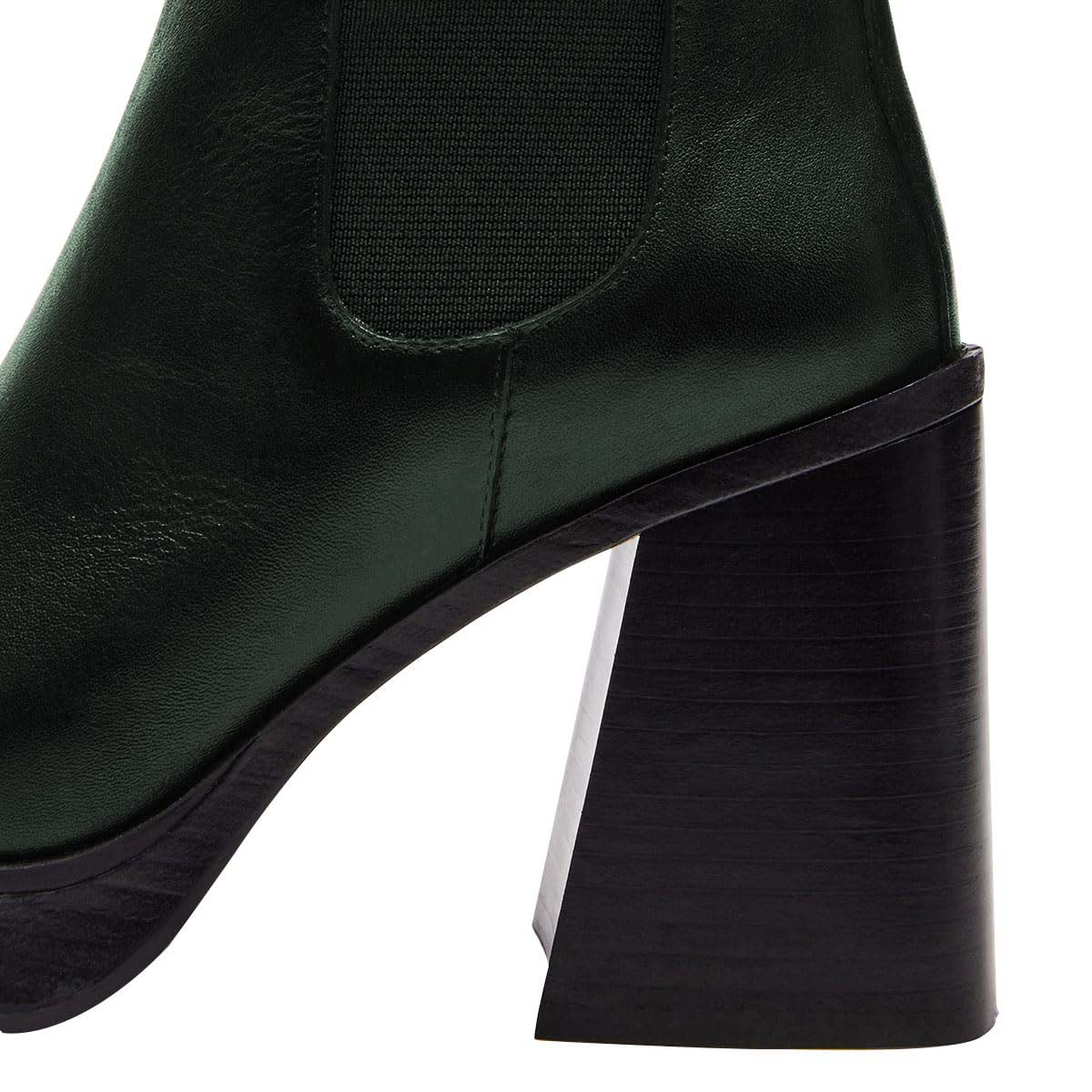 Dark Green Square Toe Chunky Heel Platform Chelsea Boots for Women