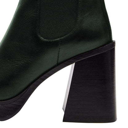 Dark Green Square Toe Chunky Heel Platform Chelsea Boots for Women