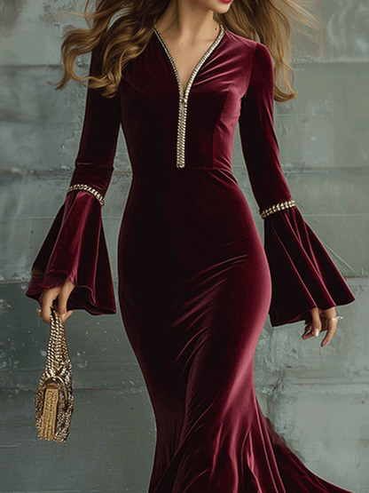Elegant Burgundy Velvet Trumpet Sleeve Maxi Dress