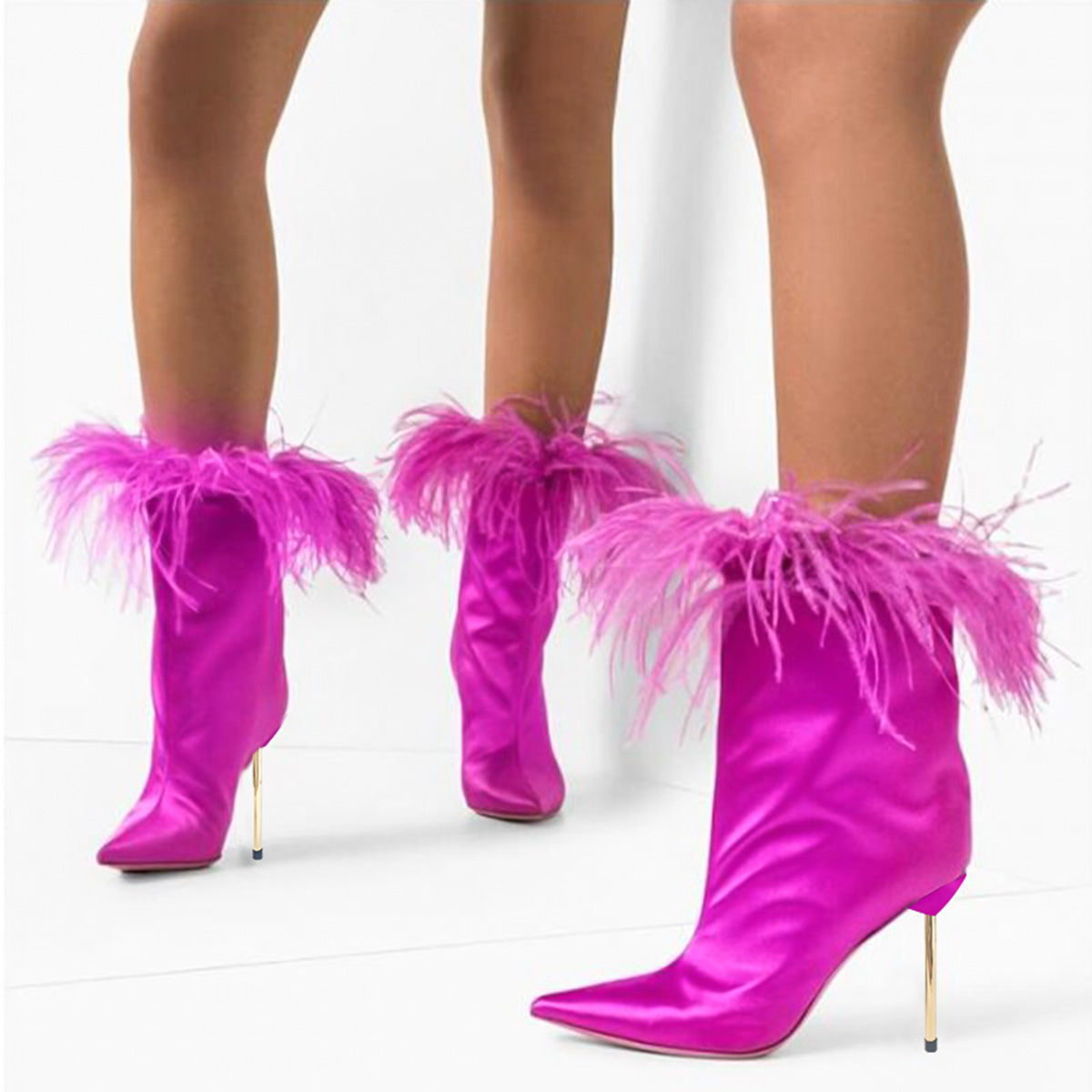 Fuchsia Satin Stiletto Heel Fashion Feather Trim Ankle Boots