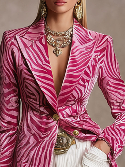 Elegant Lapel Single-breasted Zebra-print Velvet Blazer