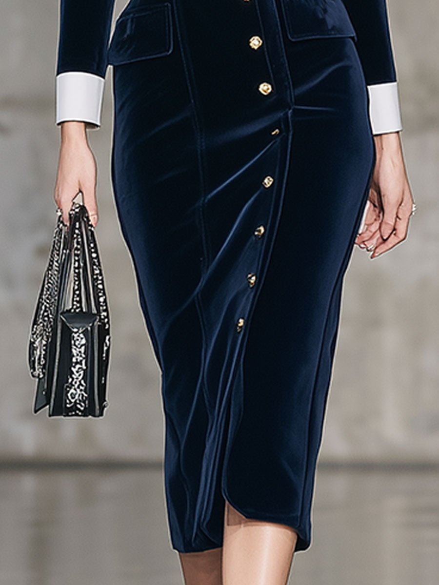 Elegant Retro Exquisite Contrast Lapel Belt Blue Velvet Midi Dress