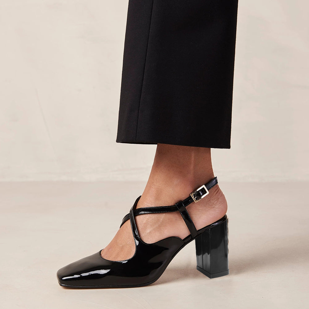 Full Black Patent Leather Mary Jane Designer Chunky Heel Slingback Mary Janes