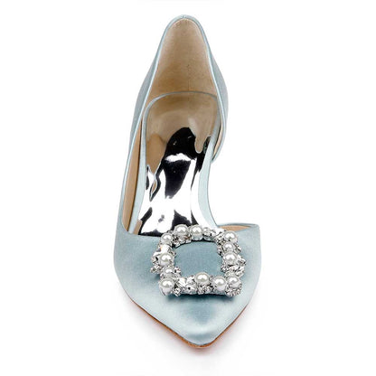 Elegant Light Blue Satin Pearl & Rhinestone Buckle Wedding Heels