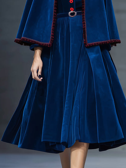 Elegant And Exquisite Color-block Collar Cape Long-sleeved Dress Blue Velvet Set