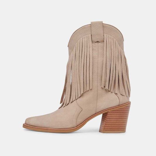 Beige Pointed Toe Fringe Ankle Length Cowgirl Boots with Chunky Heel