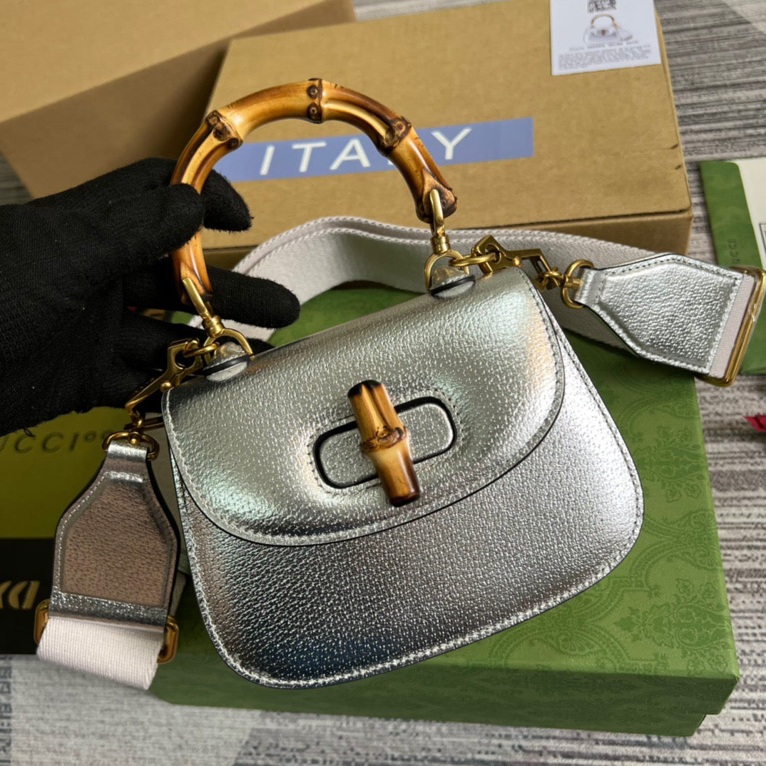 gg Bamboo 1947 Mini Top Handle Bag Silver For Women, Women&#8217;s Bags 6.7in/17cm gg