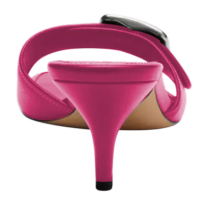 Fuchsia Square Toe Kitten Heel Buckle Mule Shoes for Women