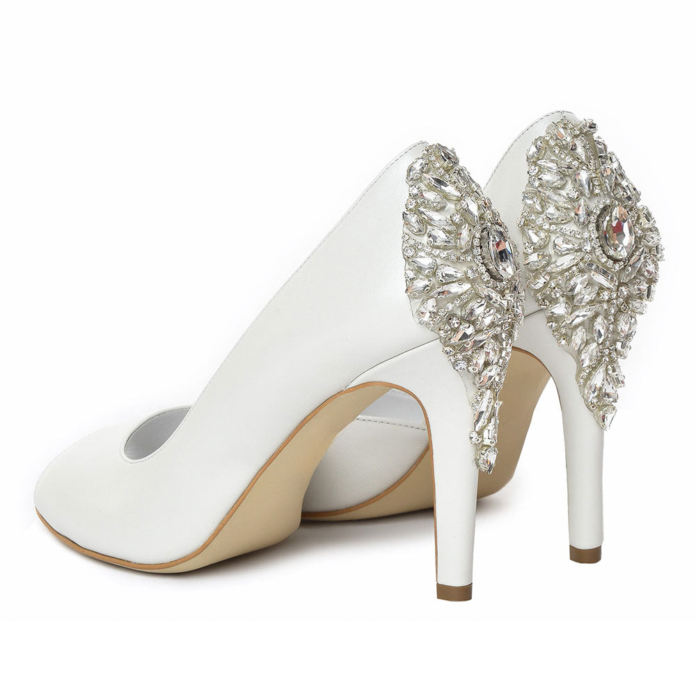 Elegant White Vegan Leather Peep Toe Rhinestone Decor Wedding Heels