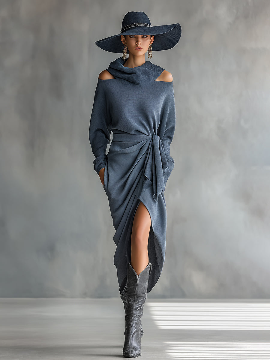 Elegant And Casual Cowl Collar Blue-gray Off-the-shoulder Long-sleeved Maxi Dress